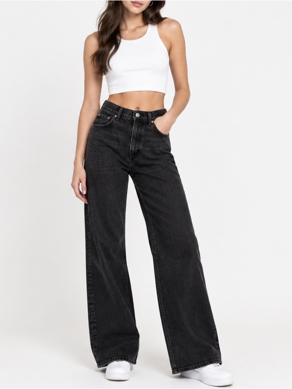 Zara | Faded black high rise wide leg rigid jeans full straight leg denim size 6